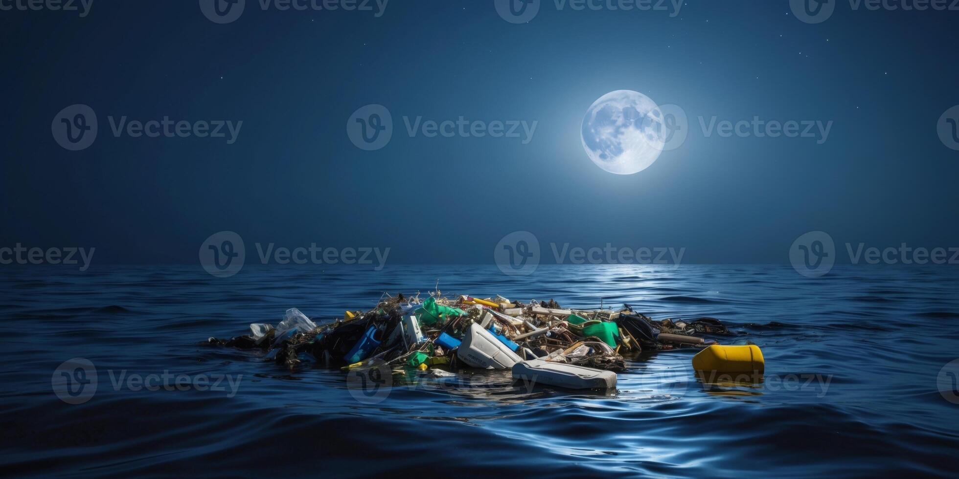 Garbage floating in the ocean at night with a full moon photo