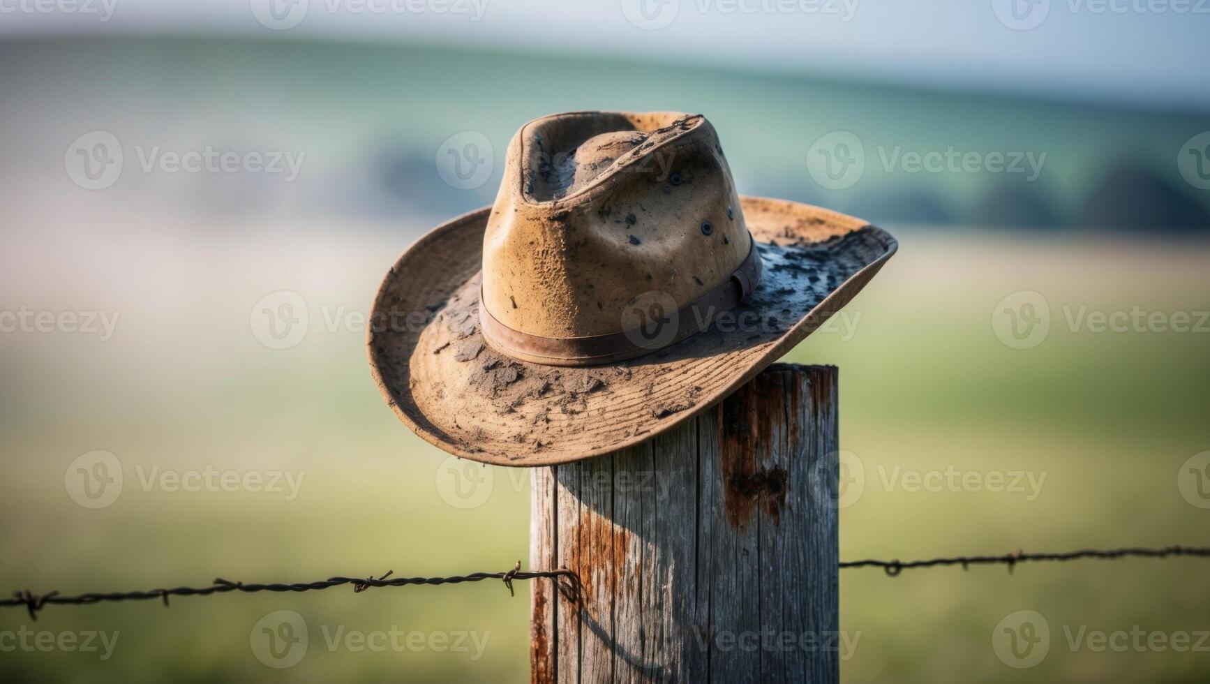 A cowboy hat sits on a fence post in a field photo