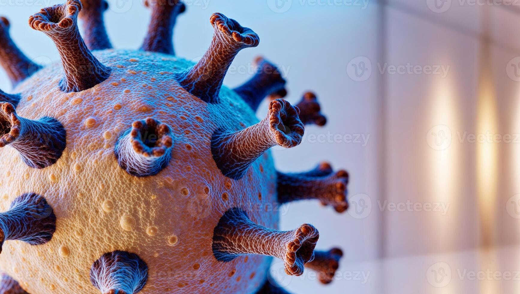 A close up of a virus with a blue and gold color scheme. photo