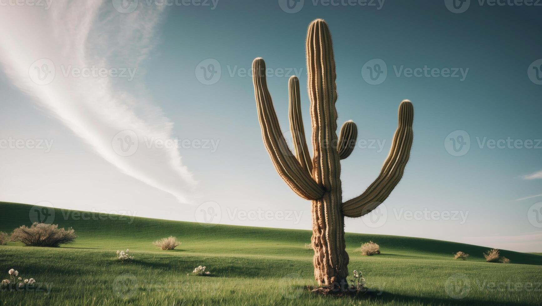 A cactus with spines is in a green field. photo