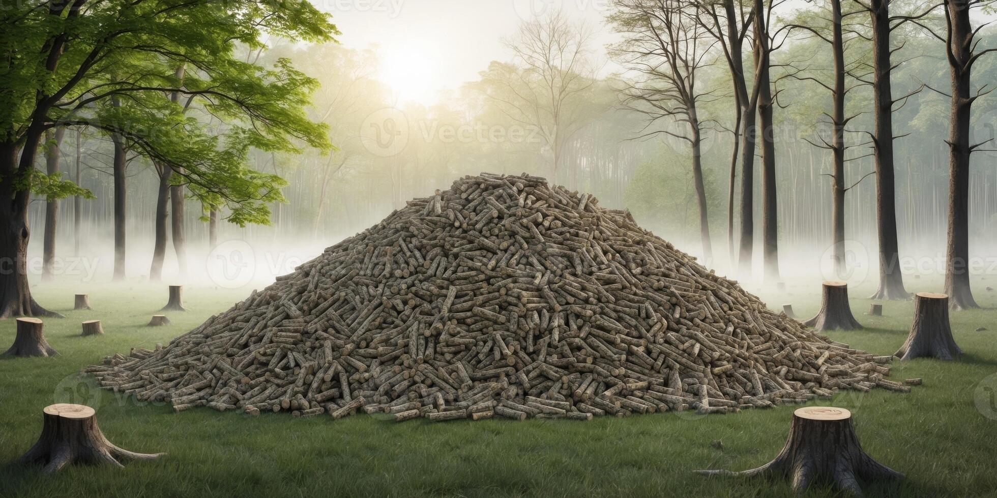 Wood pellet production impact deforestation visible in forest scene featuring pile of pellets. photo