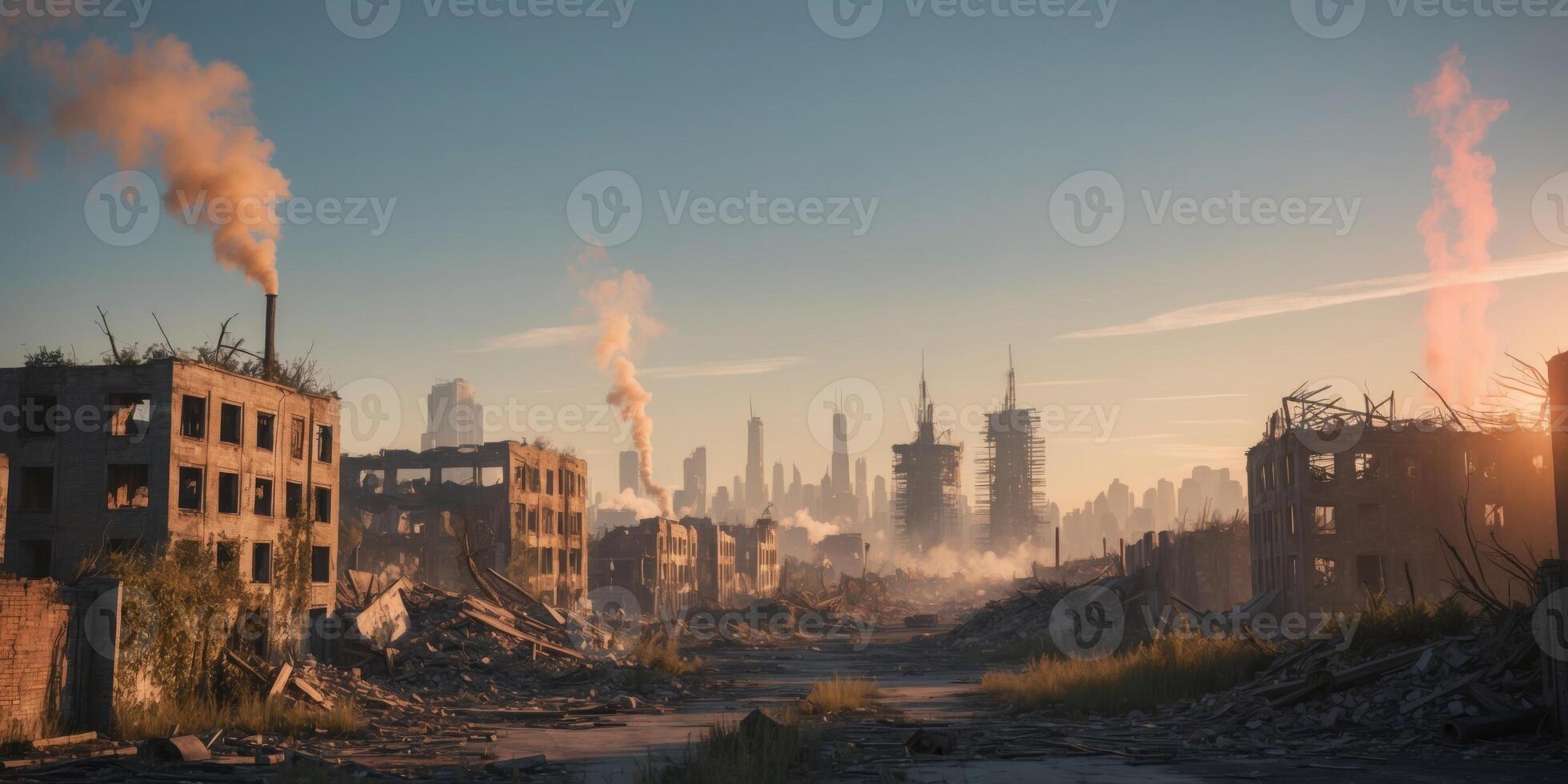 Desolate Urban Landscape With Destroyed Buildings and Smoke Rising in the Afternoon Sky. photo