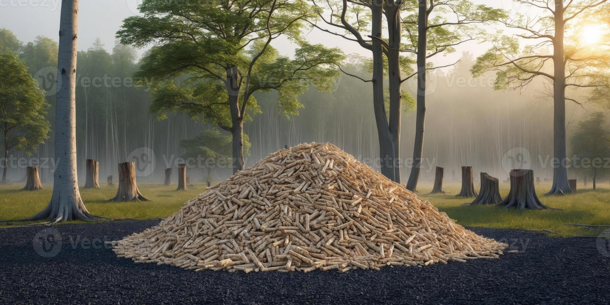 Wood pellet production impact deforestation visible in forest scene featuring pile of pellets. photo