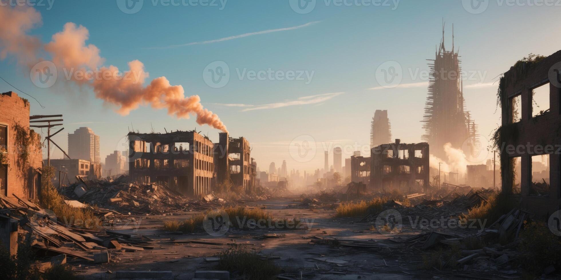 Desolate Urban Landscape With Destroyed Buildings and Smoke Rising in the Afternoon Sky. photo
