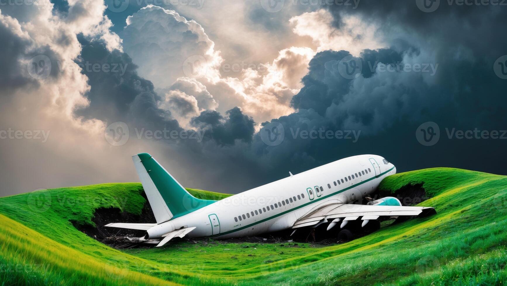A Crashed Plane Under a Hilly Cloudy Sky with Lush Grass Below. photo