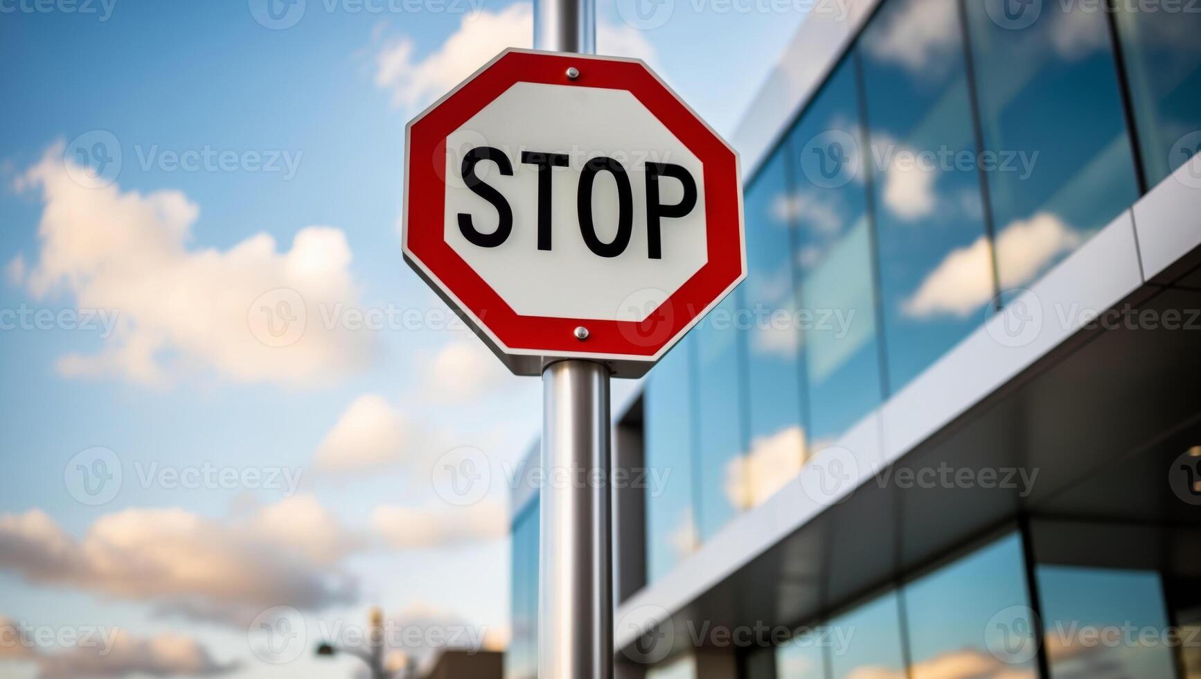 A stop sign on a pole in front of a building entrance. photo