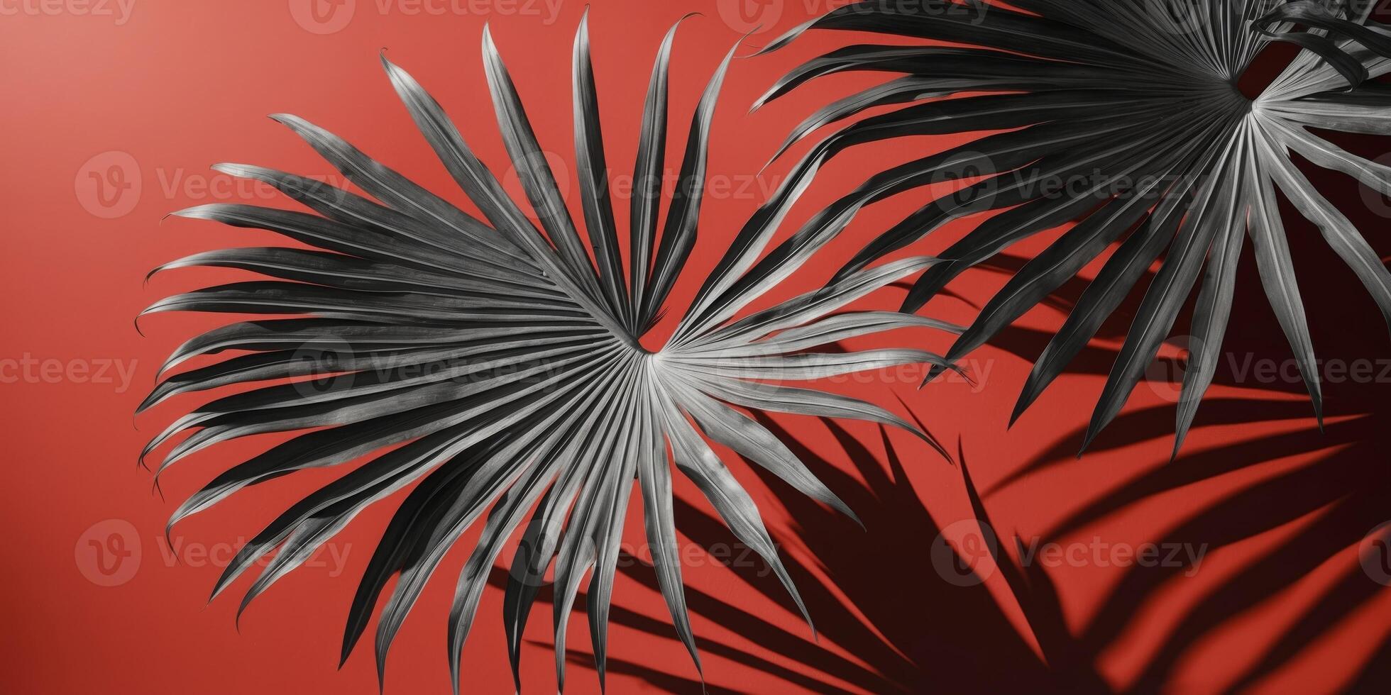 Palm Leaves and Shadow on Red Background. photo