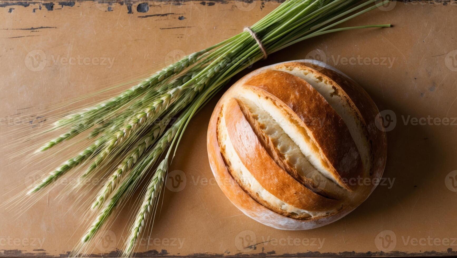 Freshly baked bread and wheat on a rustic wooden table. photo