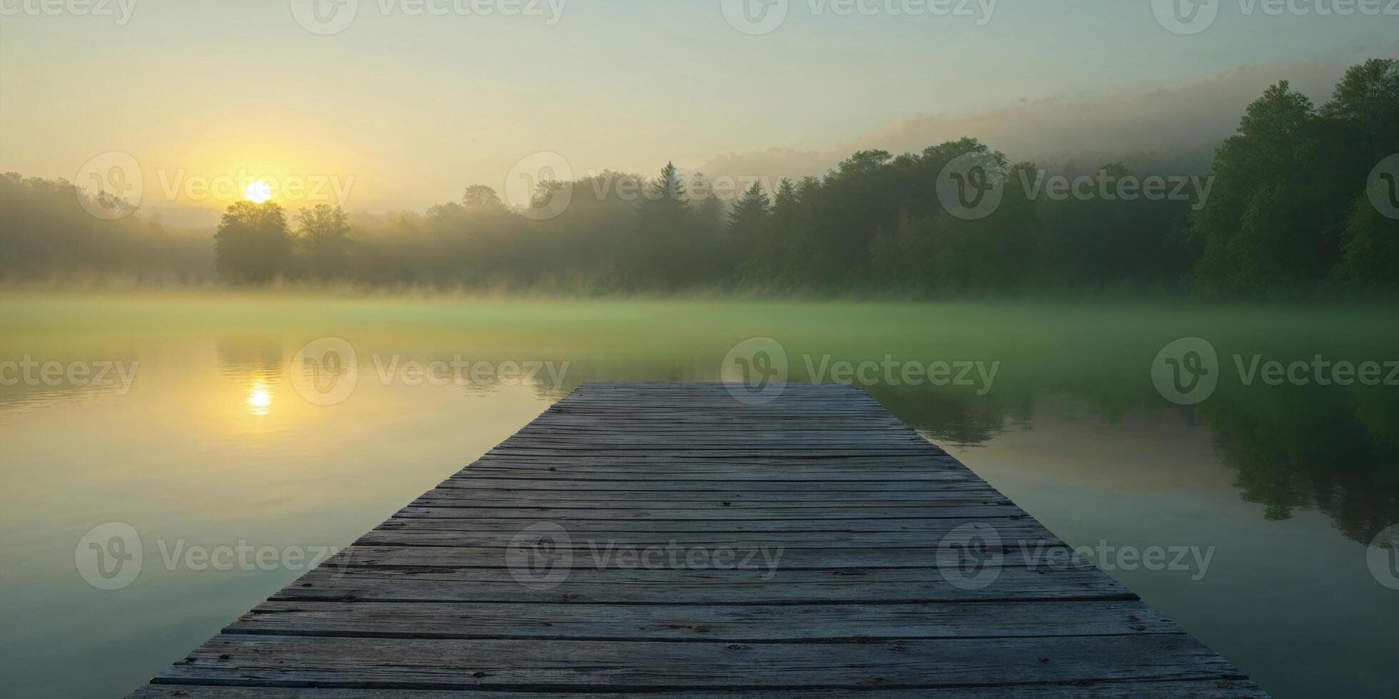 Wooden dock over a misty lake at sunrise with yellow and green colors. photo