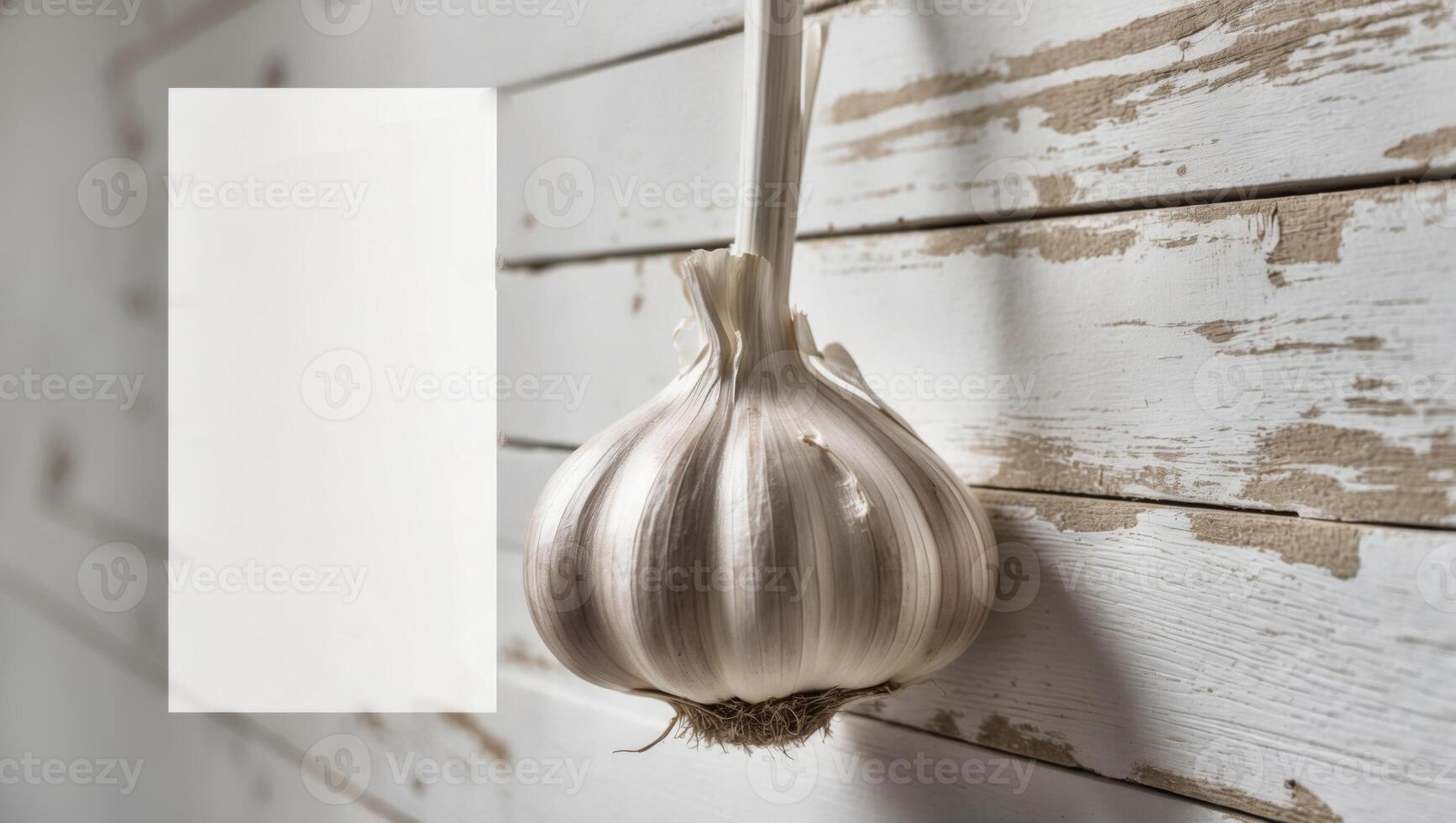 Close up monochromatic image with garlic hanging on a wall featuring ample copy space. photo
