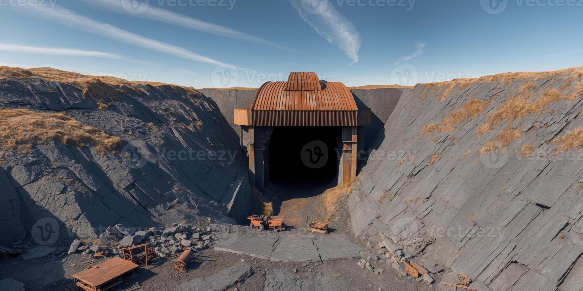 Abandoned coal pit mine shaft with capped end at slate quarry Aerial view of eerie industrial mineshaft entrance from drone. photo