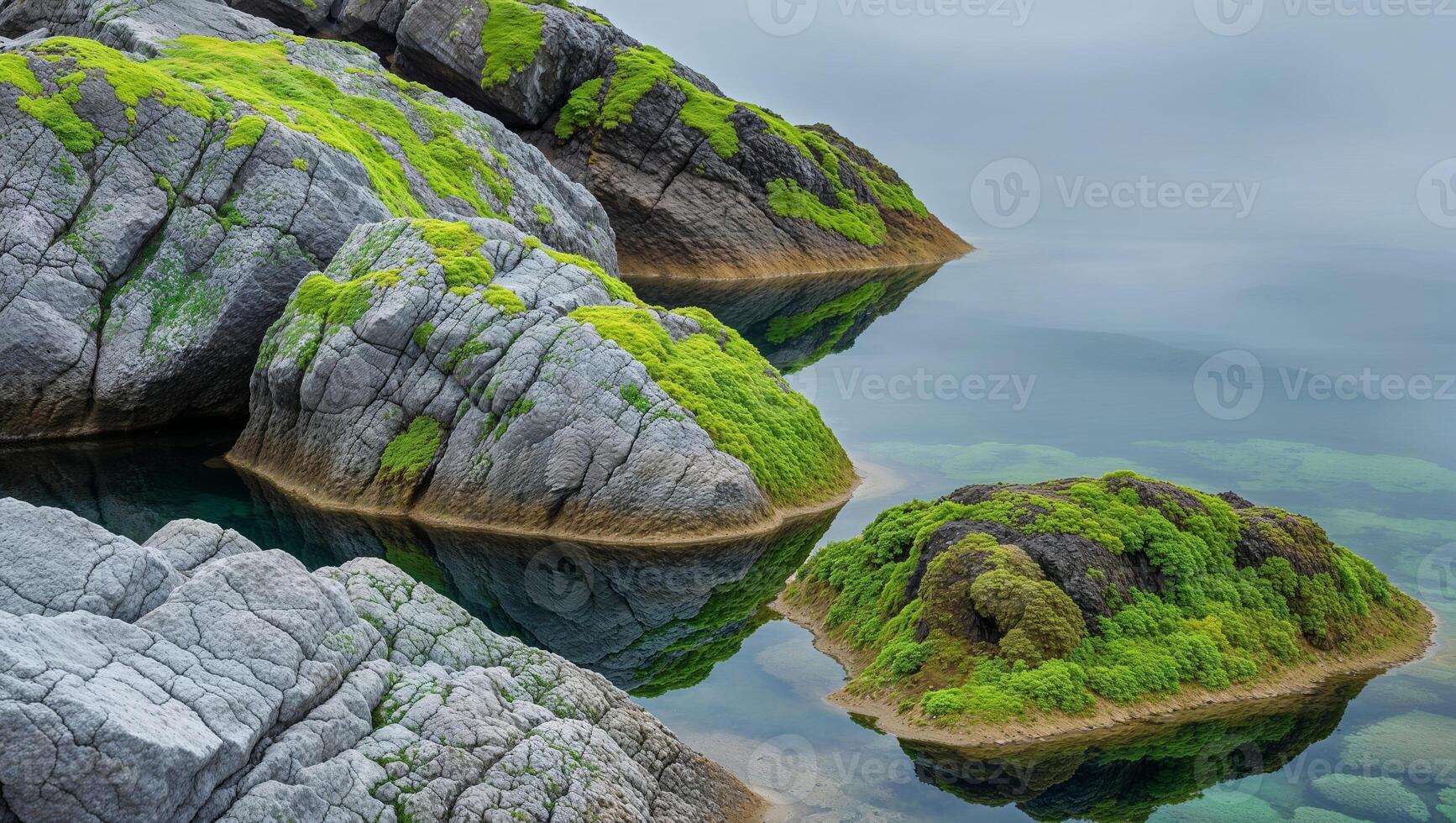 Coastal rocks covered in algae with clear water reflecting landscape. photo