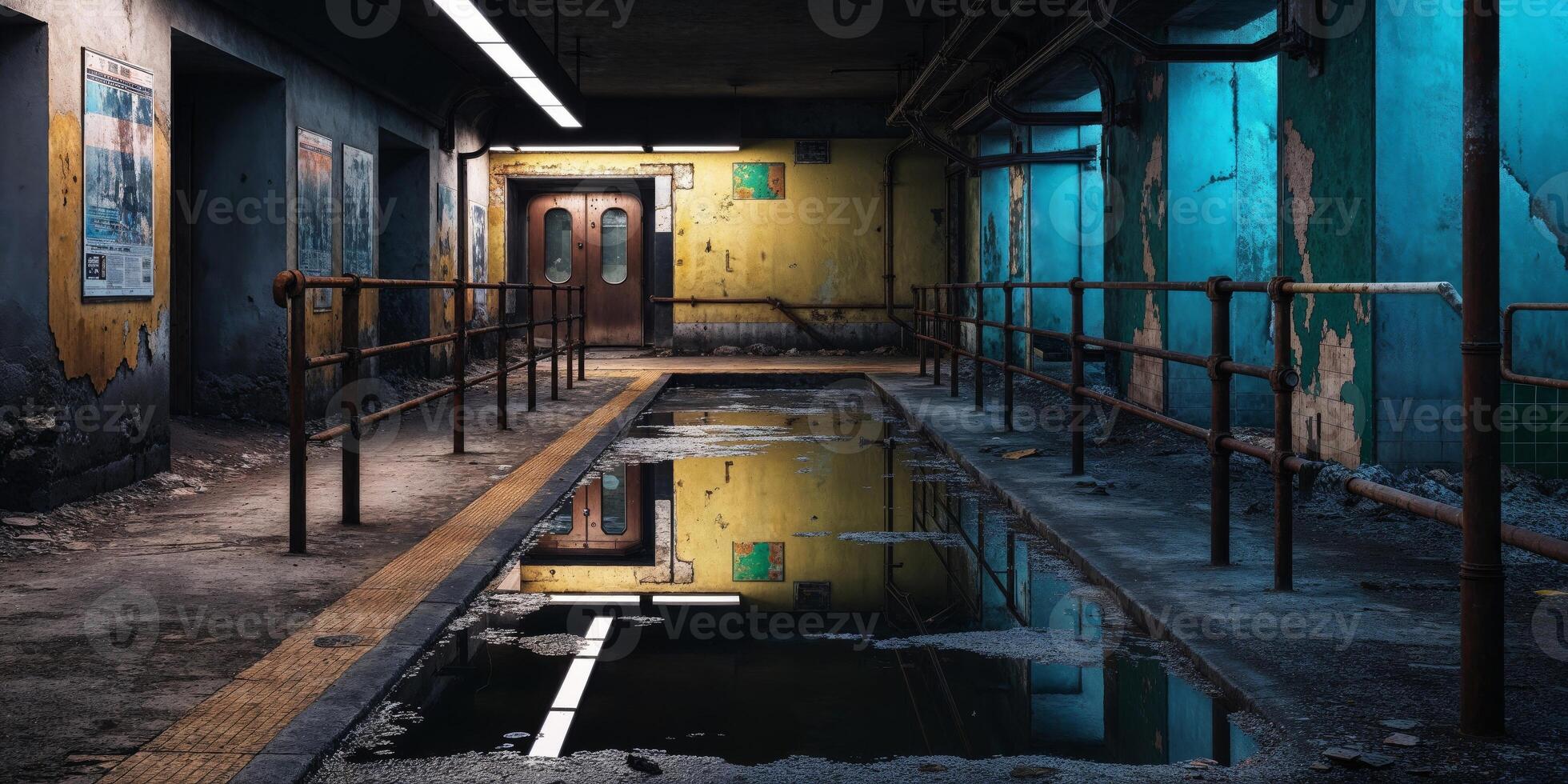 Abandoned Subway with Puddles Reflecting the Ruins. photo