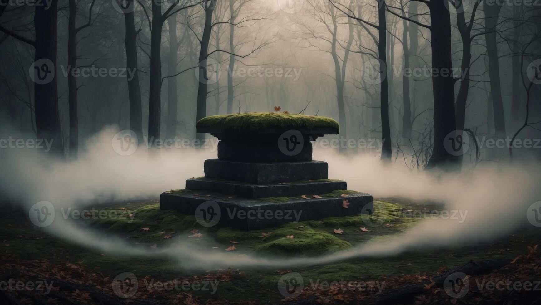 A stone platform bathed in fog stands in the middle of a dark and eerie forest. photo