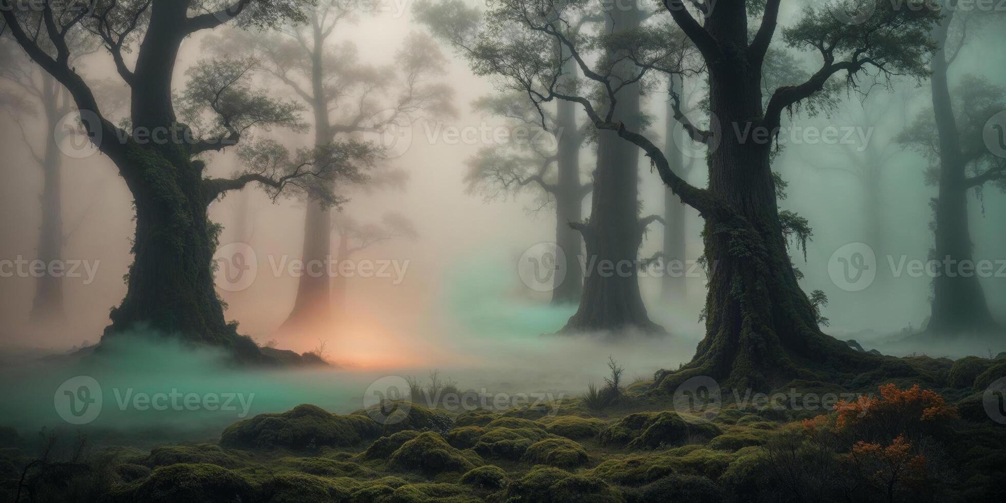 moody forest landscape with fog and mist. photo
