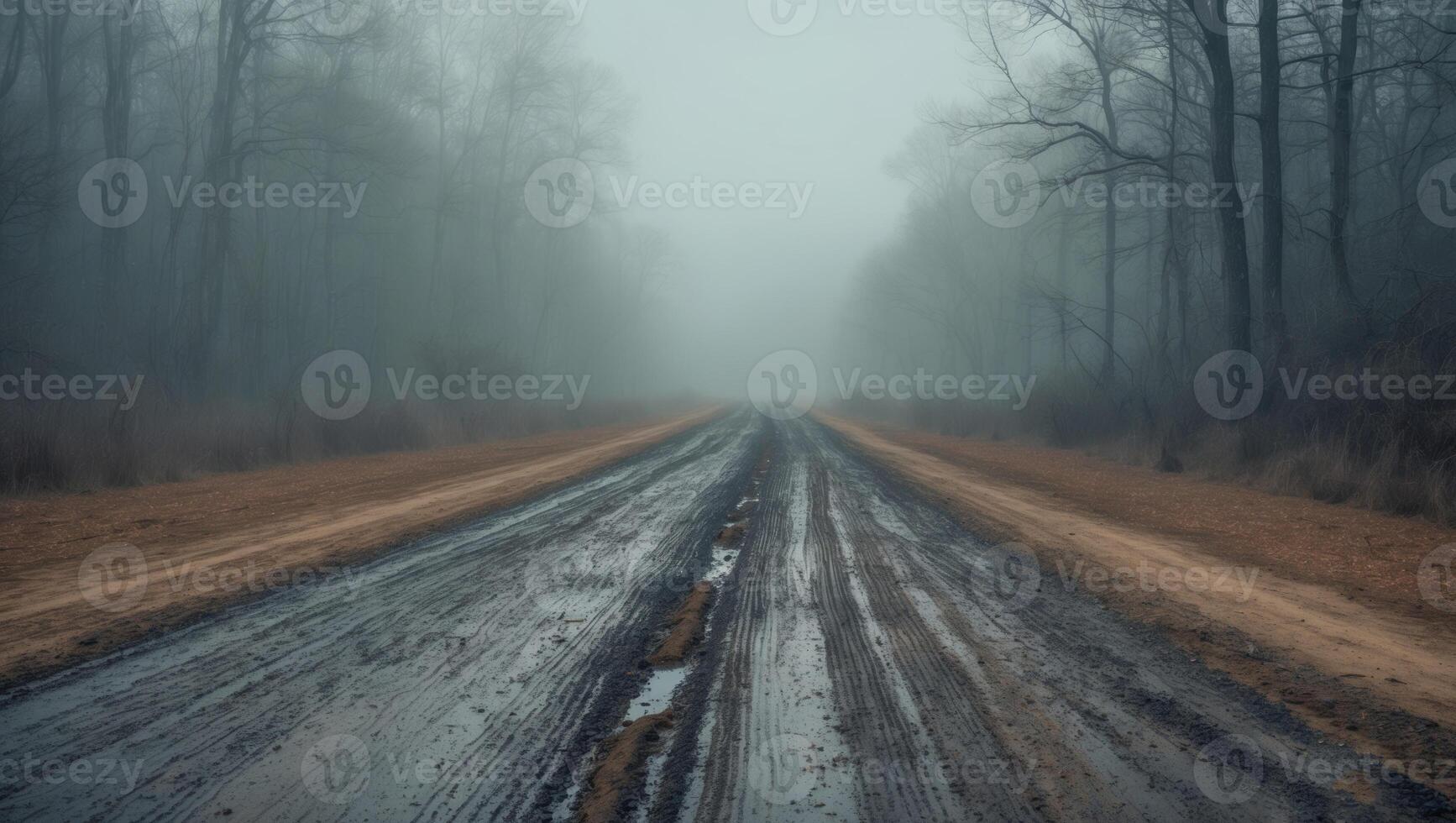 Desolate muddy road leading through a foggy forest landscape. photo
