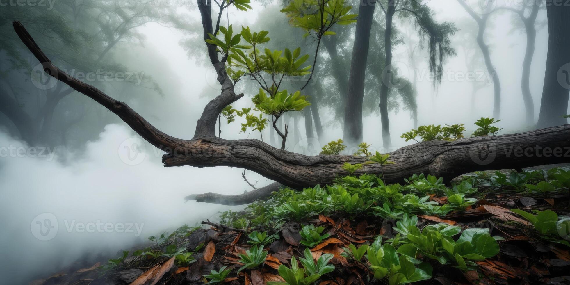 Perched breathtaking crystal shot of close floor fields forest crashing lush in prowling branch fog in. photo