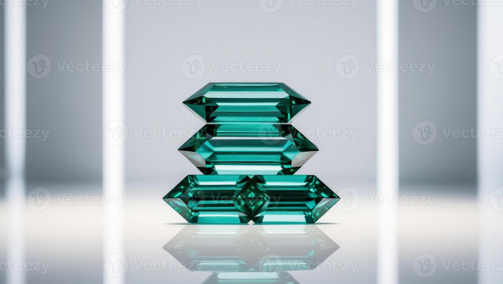 Three piles of shiny green diamonds sit atop one another. photo