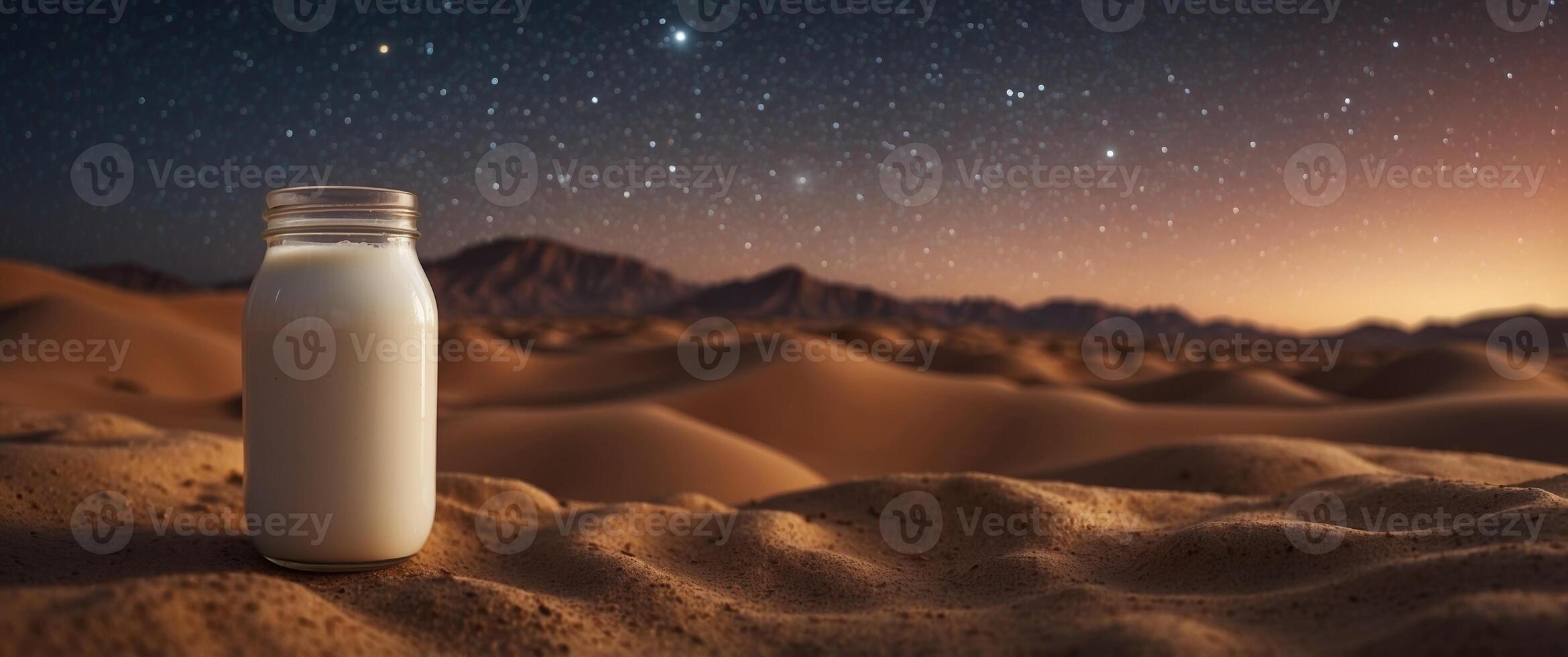 Milk bottle in the desert at night with stars photo