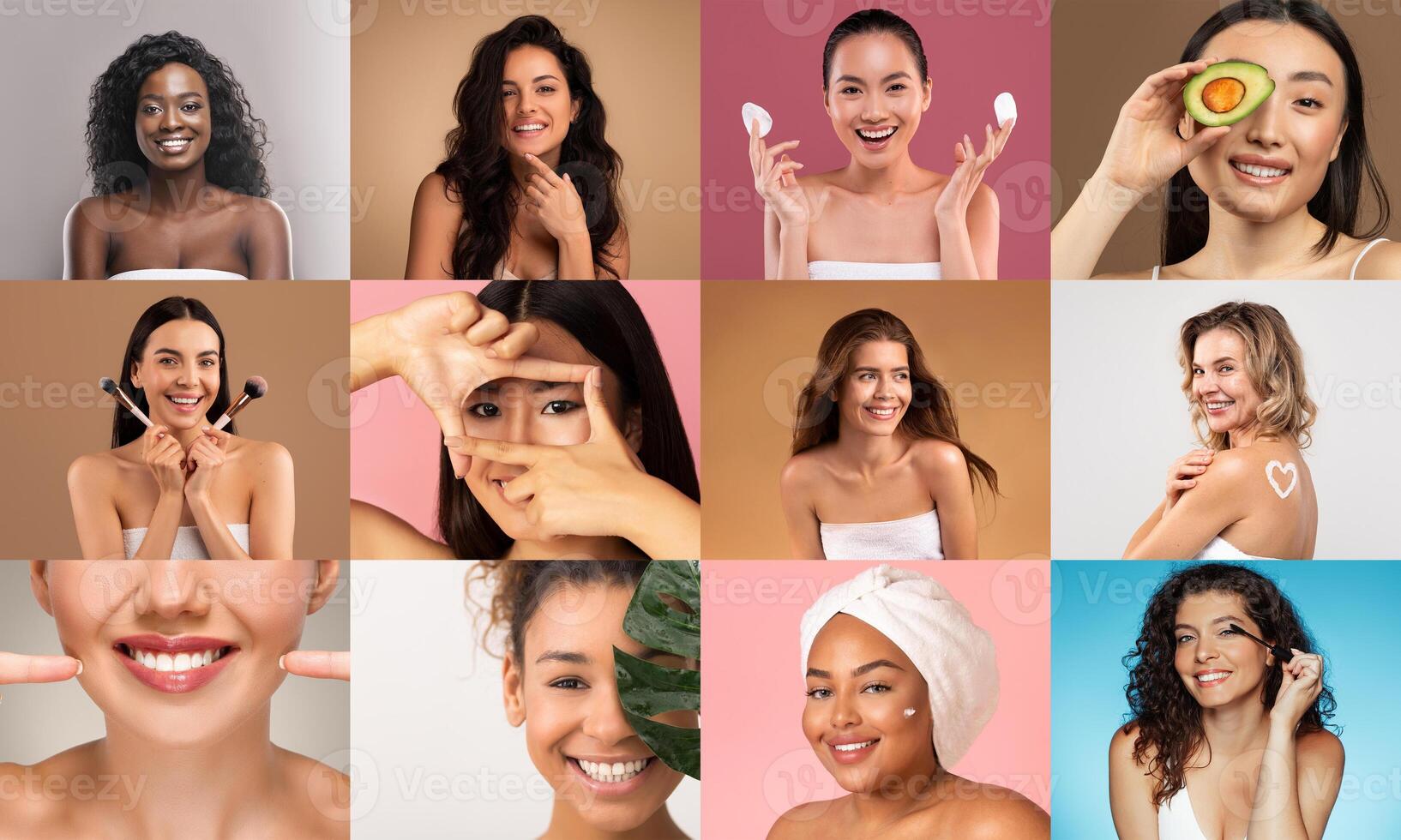 A collage of multiracial women, each engrossed in their beauty regimens, set against a professionally lit studio set. photo