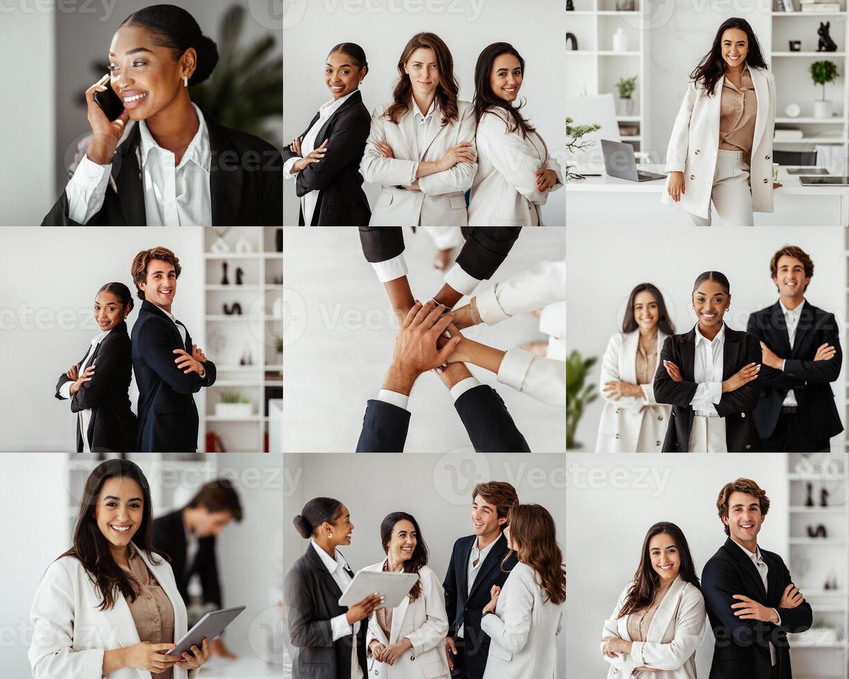 A diverse group of professionals is shown engaging in various collaborative activities in a modern office setting. Individuals are seen on the phone, smiling, discussing ideas, and working together photo