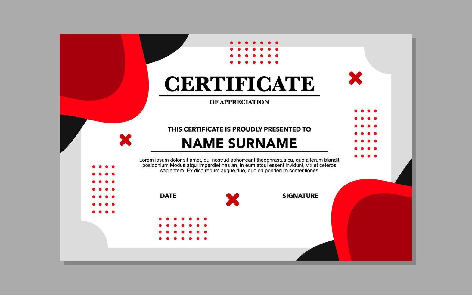 Certificate appreciation with red, black, and white design suitable for awards, vector