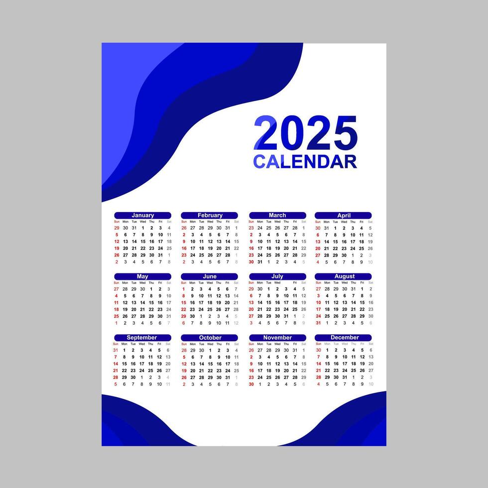 Blue calendar design featuring 2025 year with monthly layout. vector