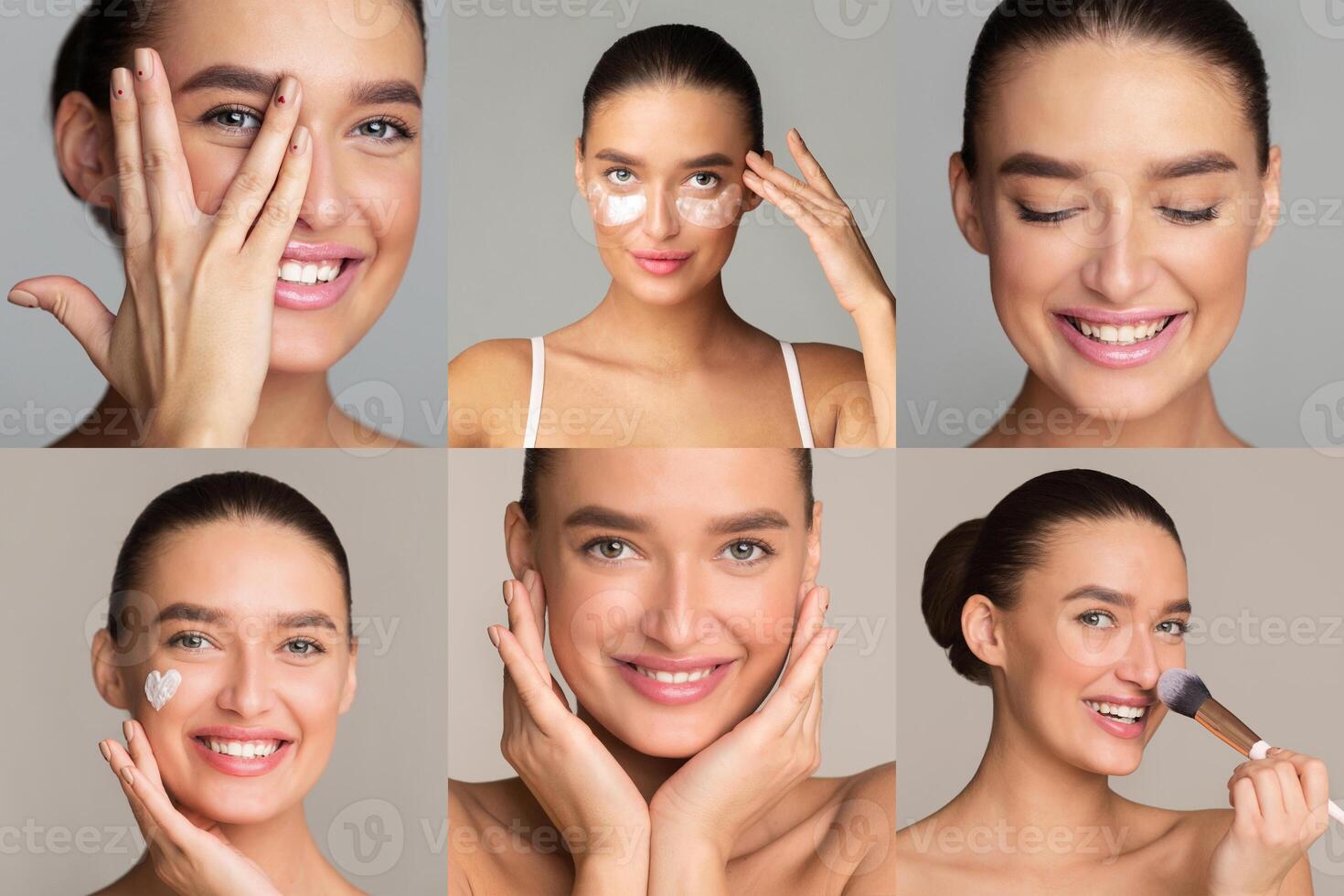 This image shows a young woman applying different skincare and makeup products to her face. The image is split into six sections, each showing a different step in the process. photo