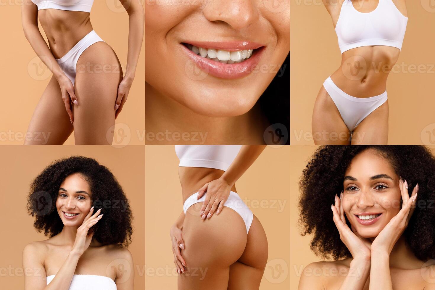 This image is a collage of close-up photos of African American woman with smooth skin and a perfect body. She is smiling and touching her face and body, showing off her healthy glow