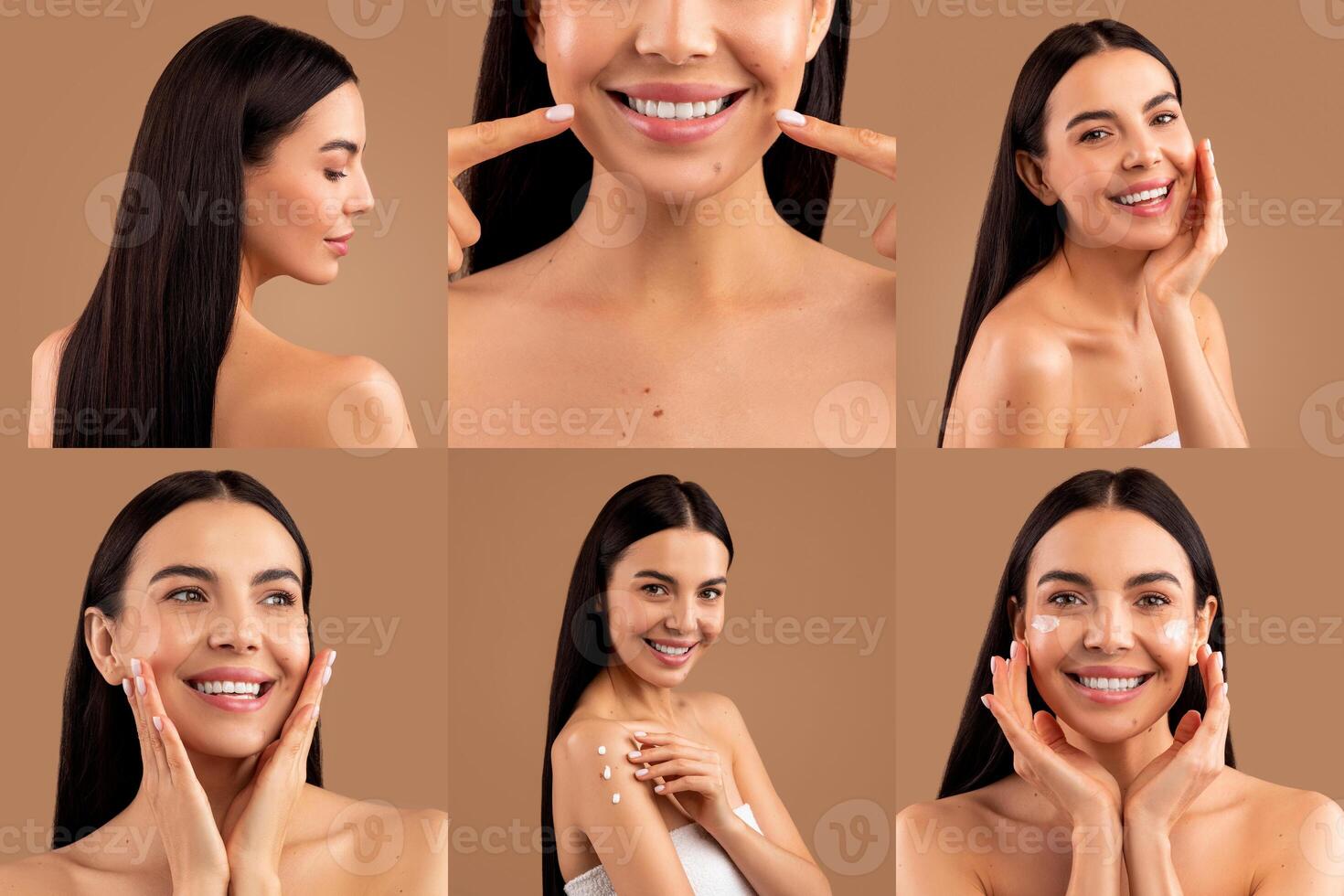 A young woman with long, dark hair is applying moisturizer to her face and body in a studio setting. She smiles brightly in all six images, showcasing the results of the product. photo