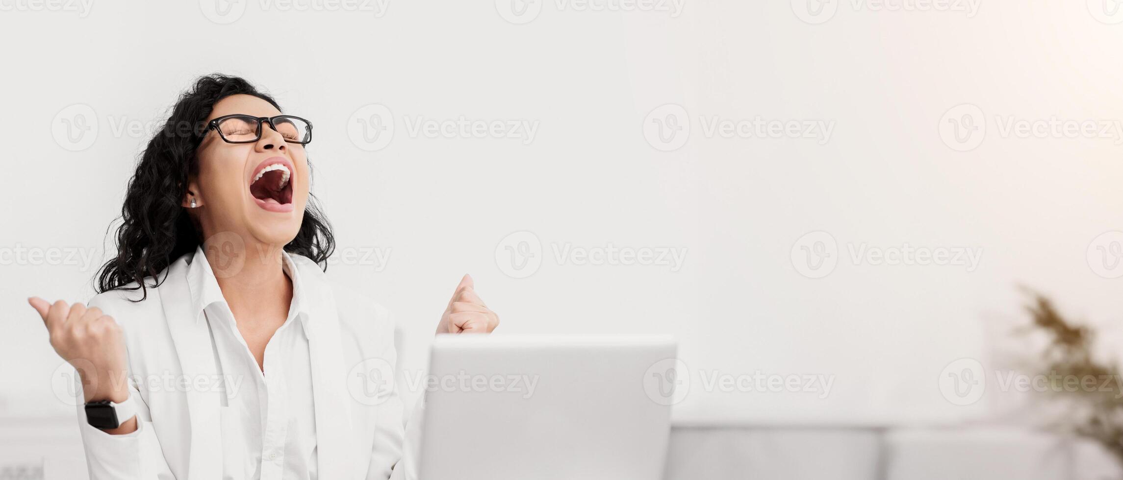 Promotion Concept. Mexican manager is excited after hearing great news, feeling happy. Copy space photo