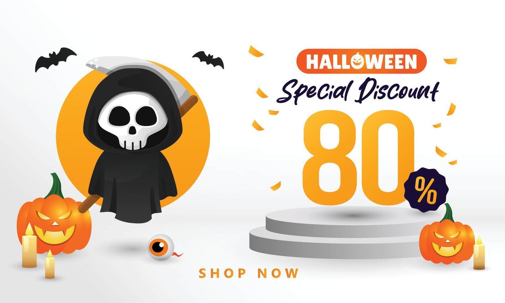 Halloween Discount Sale poster banner with illustration of Grim Reaper jack o lantern pumpkin scary smile expression candle art illustration in simple background perfect for template asset ads vector