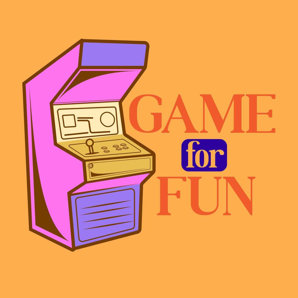 Illustration arcade game machines. Old 8 bit gaming console different gaming cabinet, old game machine from different angles. Insert coin, game over and play again screens vector
