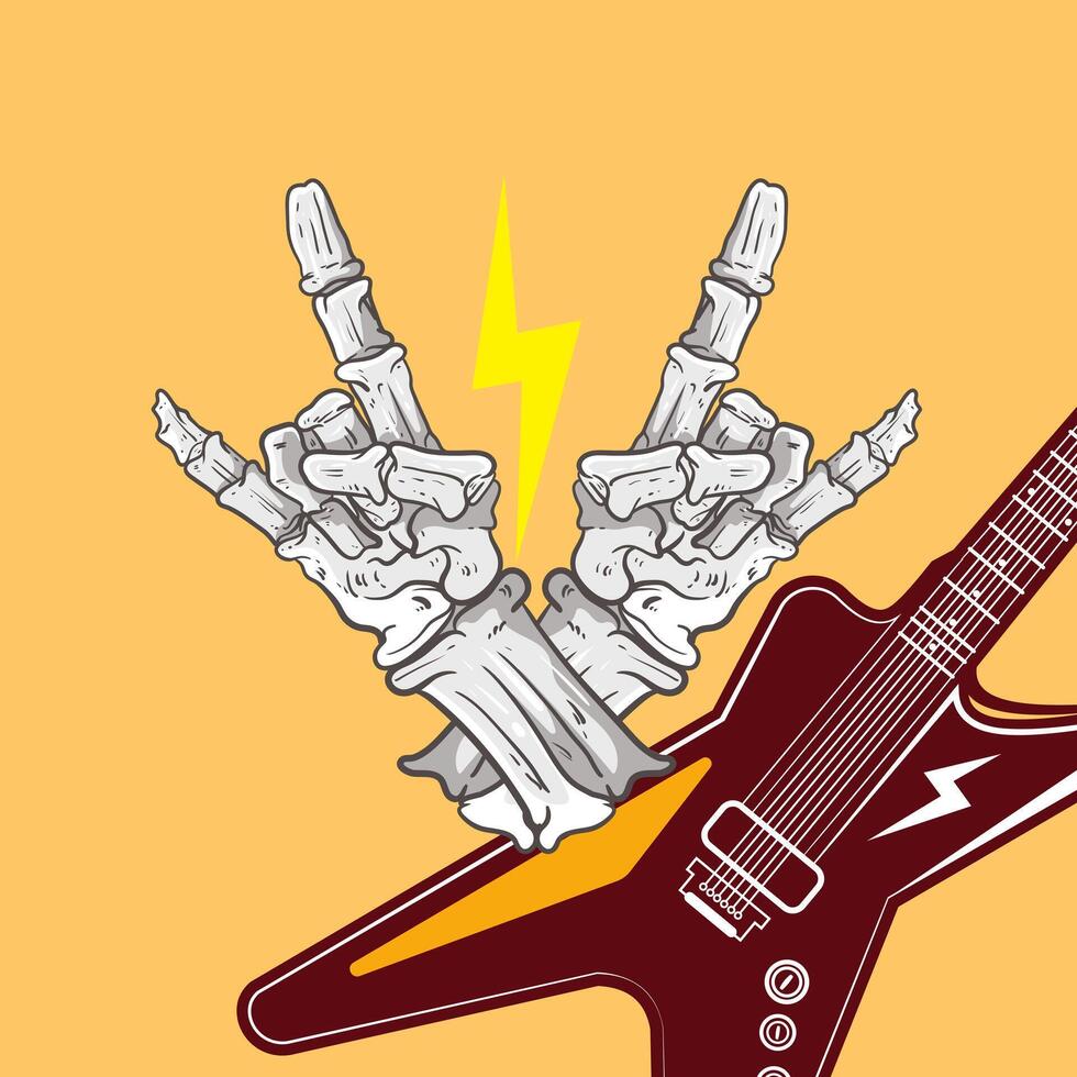 Hand drawn of a human skeleton showing rock and roll sign for music shop, band logo or merchandise illustration vector