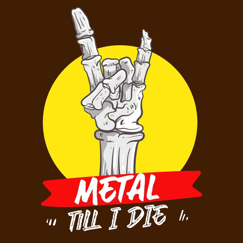 Hand drawn illustration of a human skeleton showing rock and roll sign for music shop, band logo or merchandise illustration vector