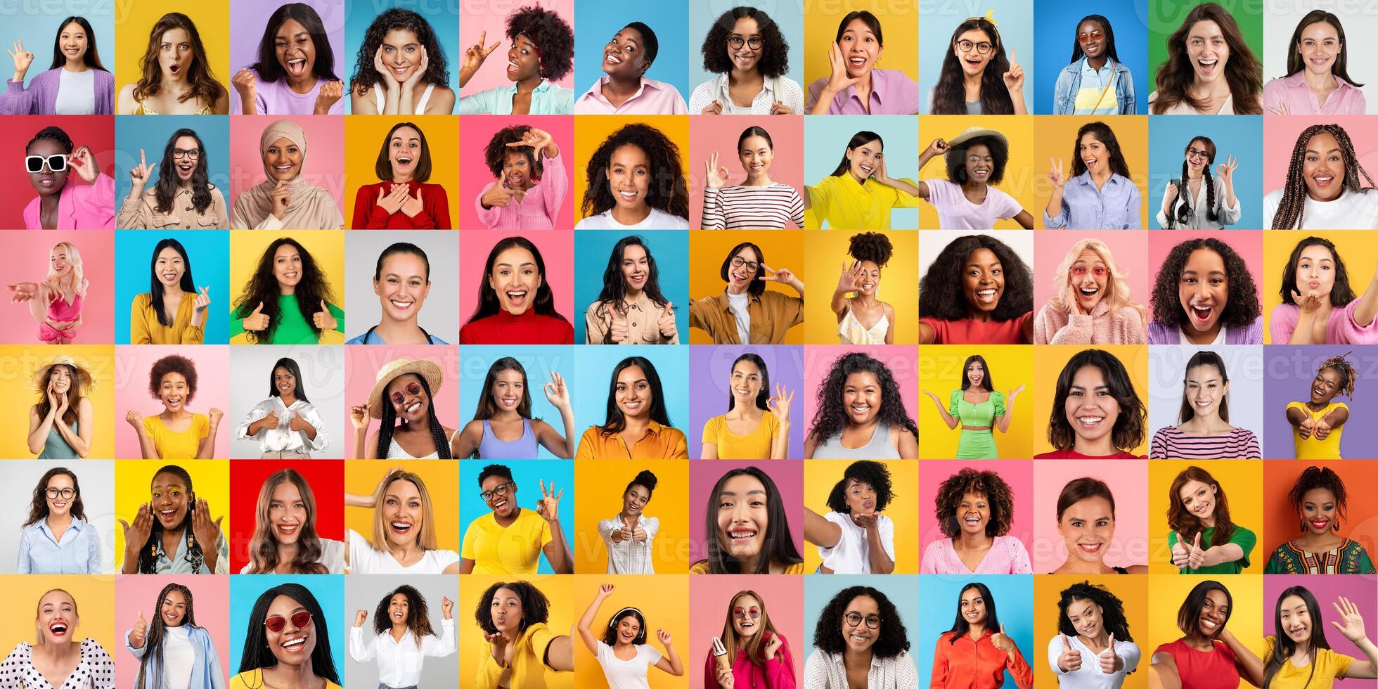 An array of joyous women from around the world smiling brightly, representing unity and diverse beauty photo