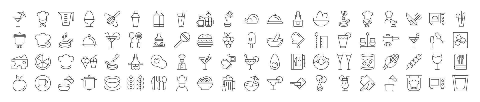 Line Signs of cooking, food, drinks, kitchen for Advertisement. Suitable for books, stores, shops. Editable stroke in minimalistic outline style. Symbol for design vector
