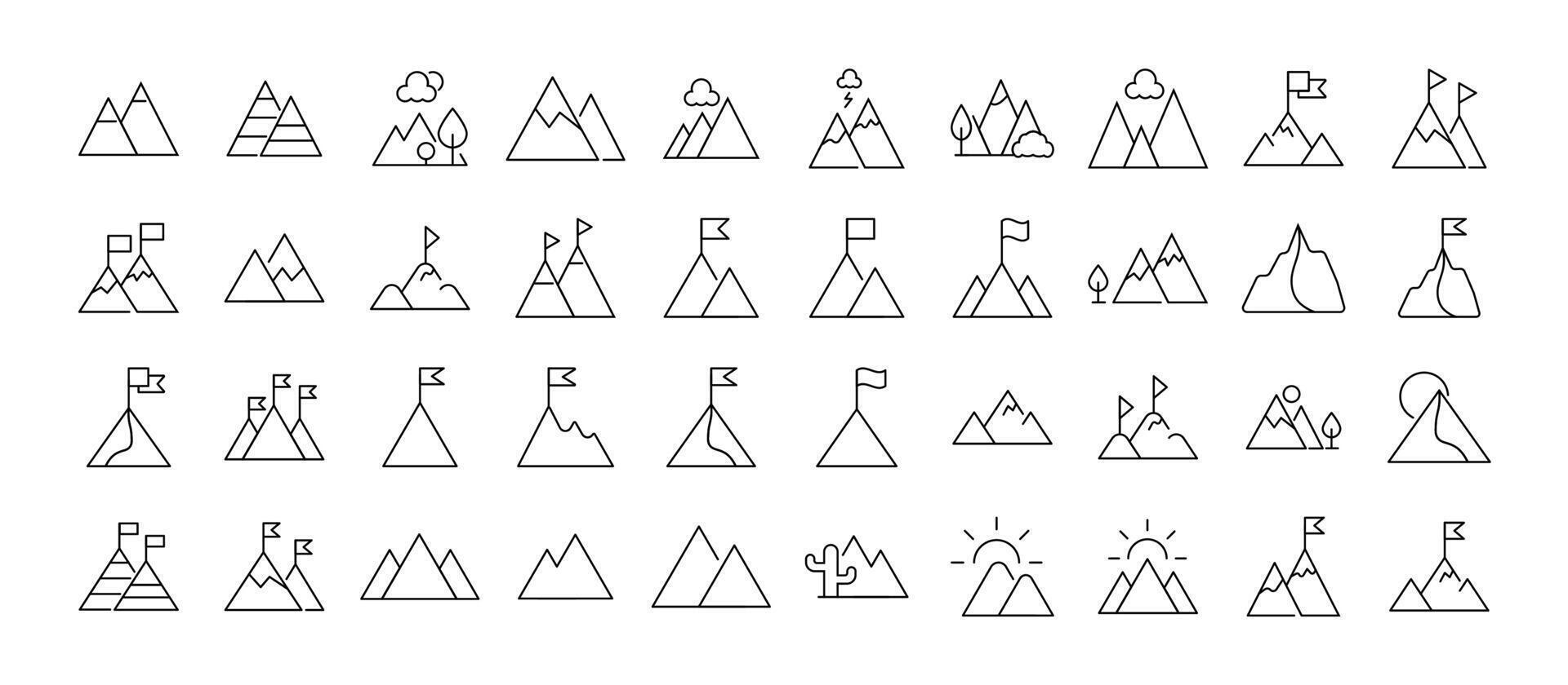 Collection of icons of mountains as symbol of travel and hiking for Advertisement. Suitable for books, stores, shops. Editable stroke in minimalistic outline style. Symbol for design vector