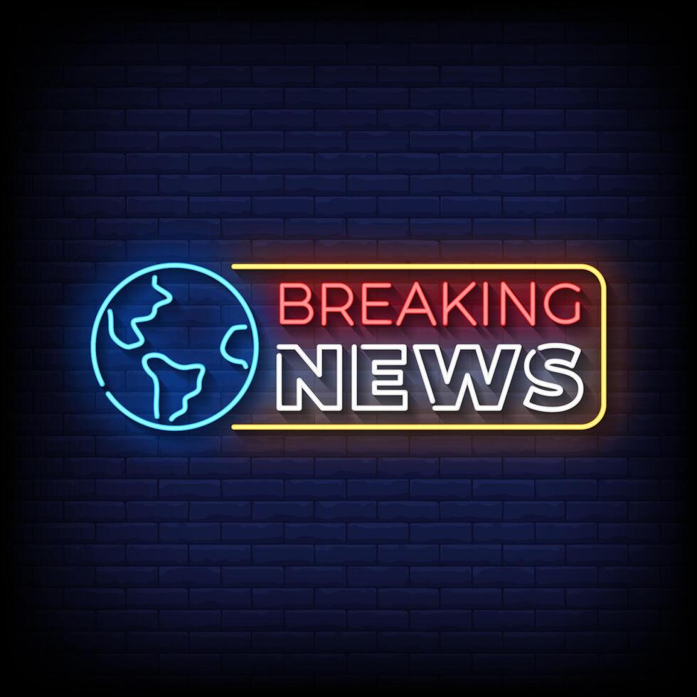 breaking news neon sign with brick wall background vector