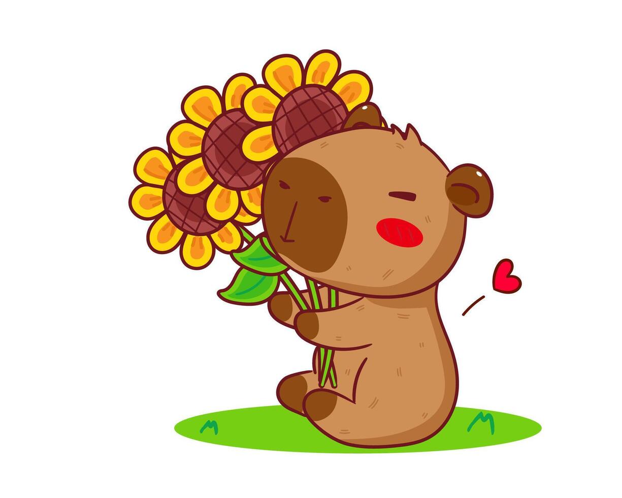 Cute Capybara holding flower Cartoon . Adorable and Kawaii Animal Concept Design. Hand drawn style. Icon Mascot Logo Illustration. Isolated White Background. vector