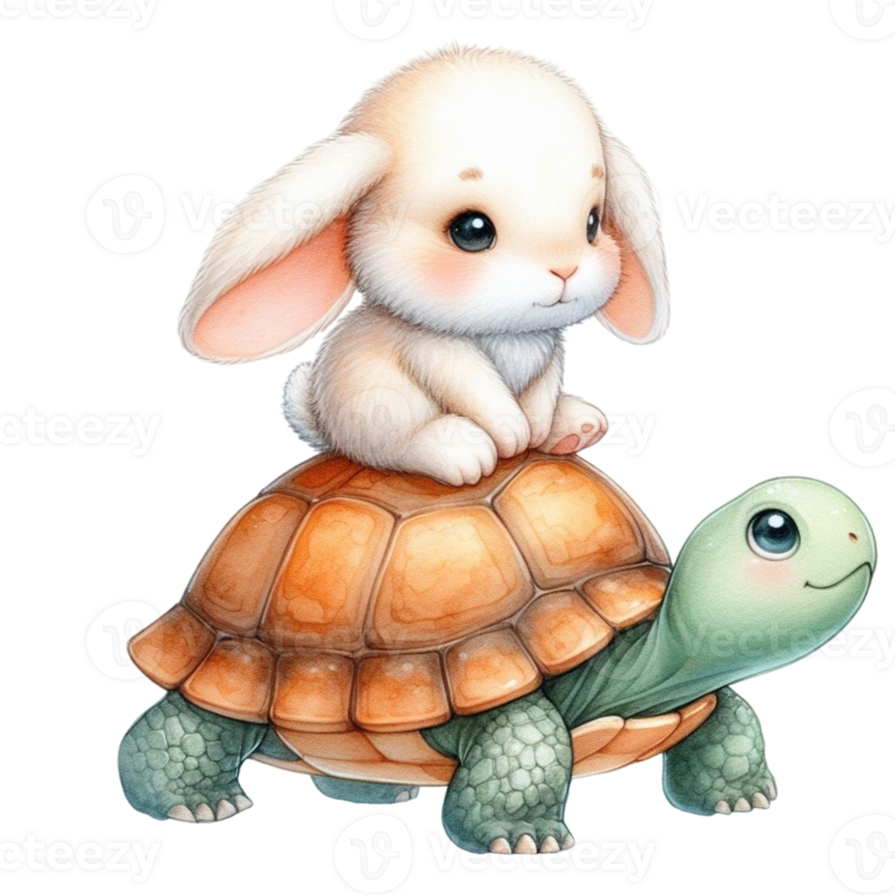 A cute bunny and turtle are riding on top of each other png