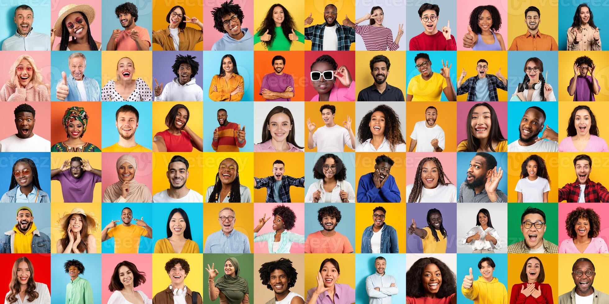 This image features a collage of various individuals showing happiness and diversity with vibrant colored backgrounds photo