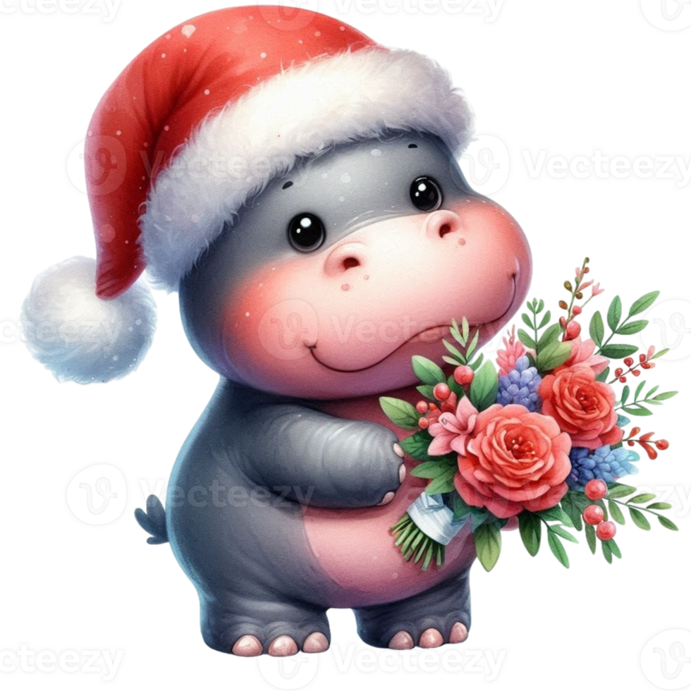 Hippo with flowers in santa hat png