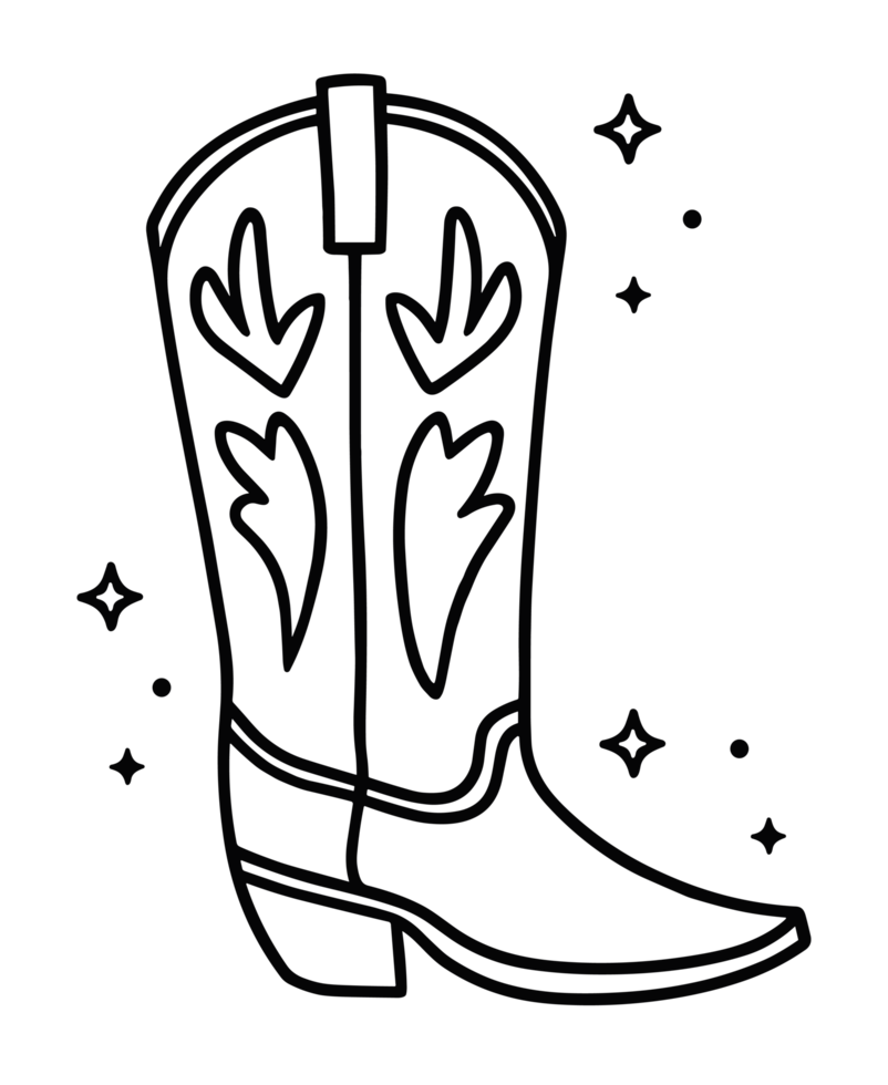 Coastal disco cowgirl cowboy boots black ink outline drawing line art sketch girly chic western Country girl cosmic aesthetic party theme illustration isolated element clipart transparent background png