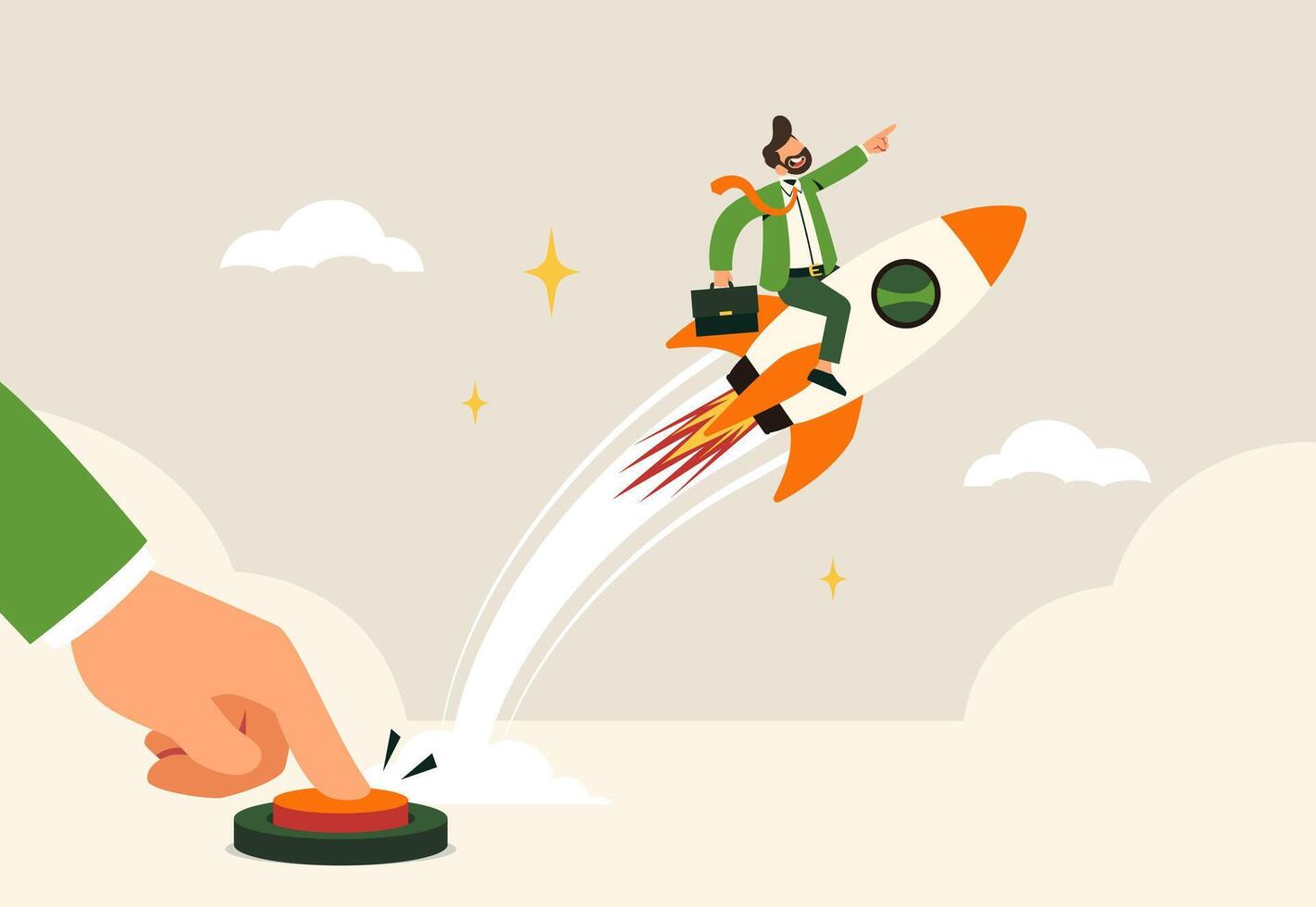 Businessman Flying on Rocket Launched by Button vector