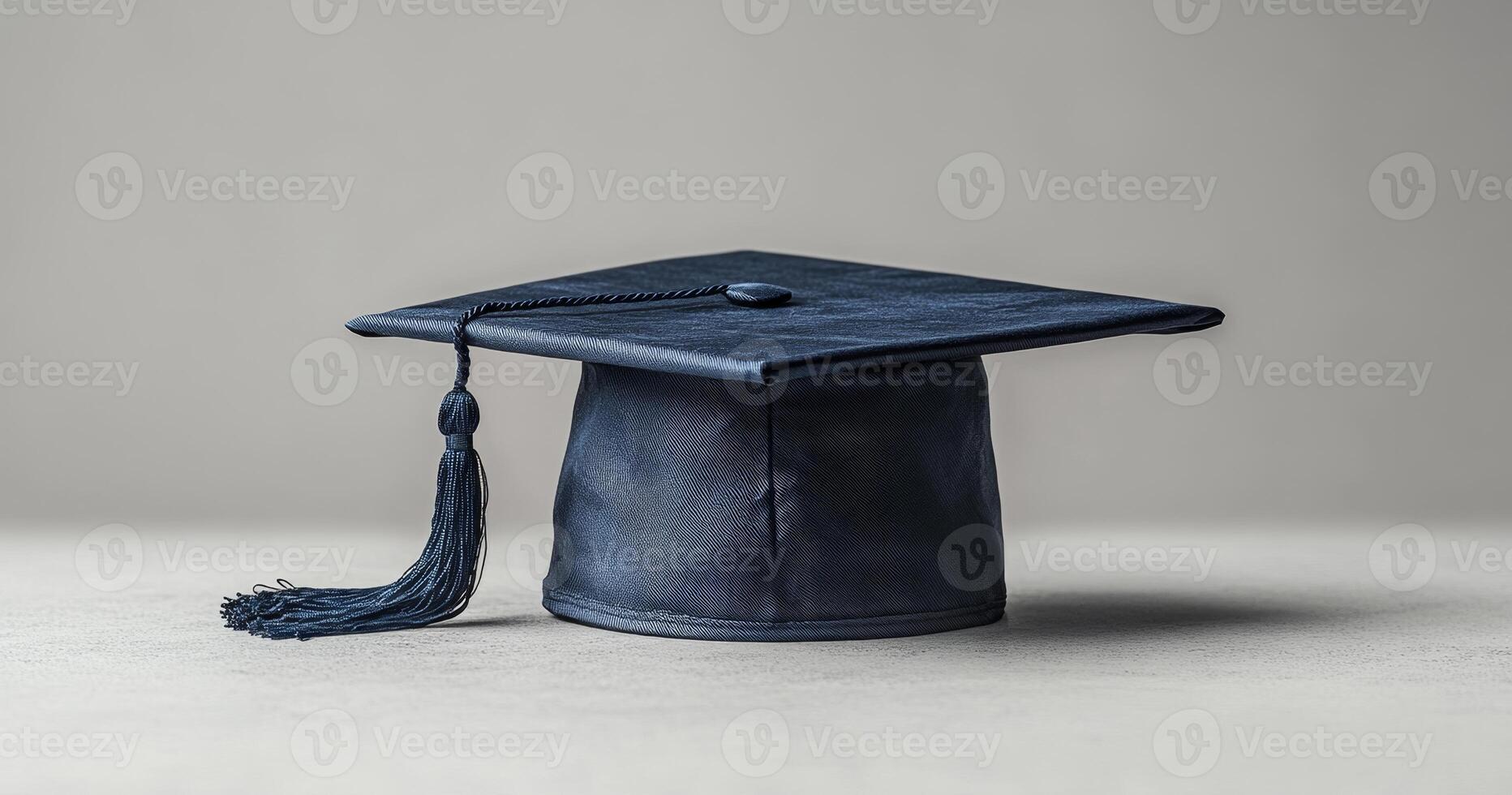 A black graduation cap rests on a plain surface, showcasing its tassel and classic design, symbolizing academic achievement. photo