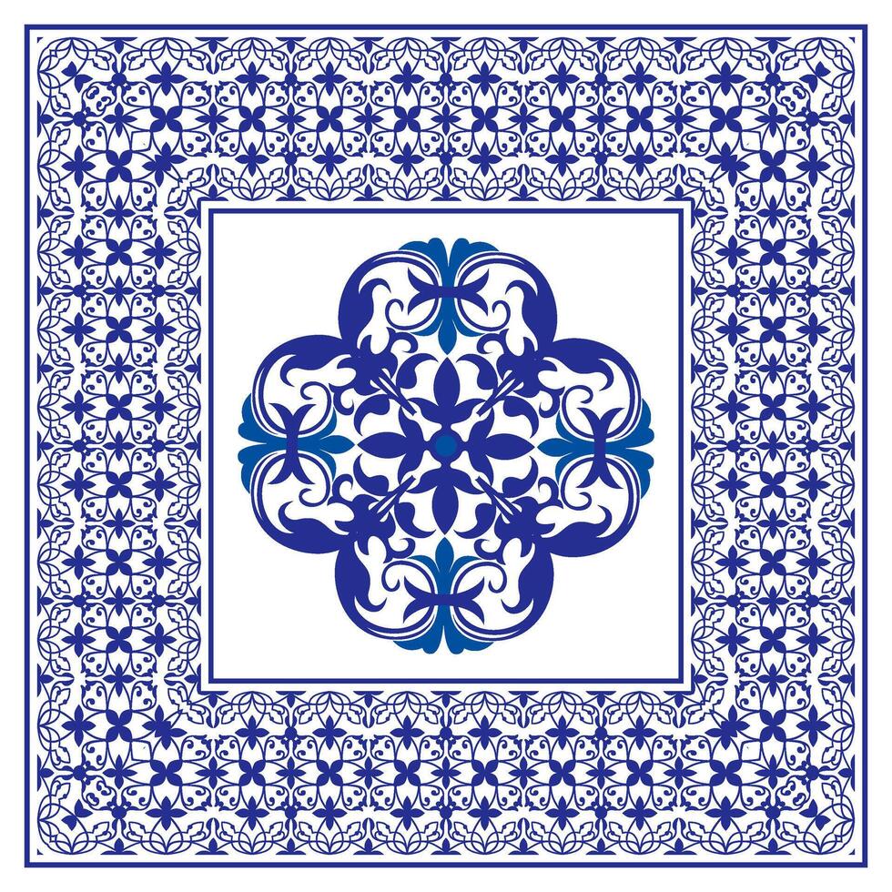 Blue white tiles pattern, lace pattern for ceramic tile. Big tile in center is framed. Background with portuguese azulejo, mexican talavera, spanish, delft, italian motif. Mediterranean ceramic vector