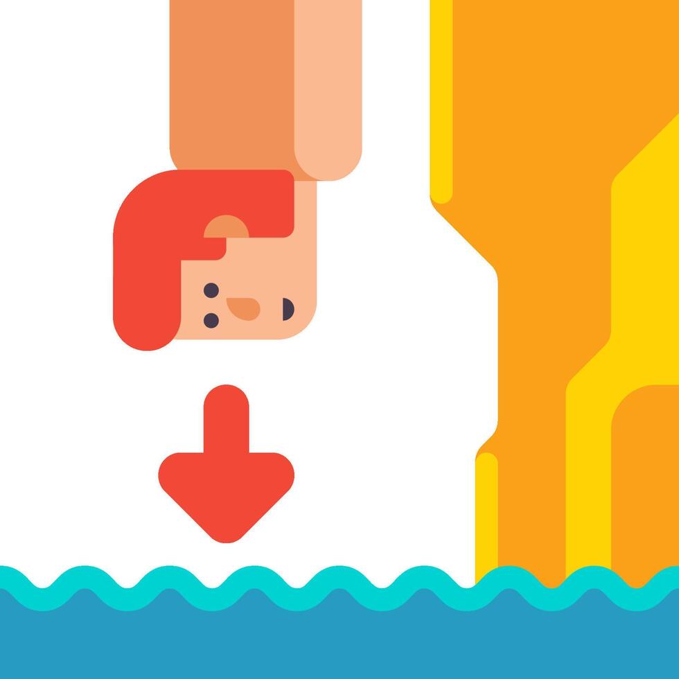 A man is hanging off of a cliff with an arrow pointing down vector