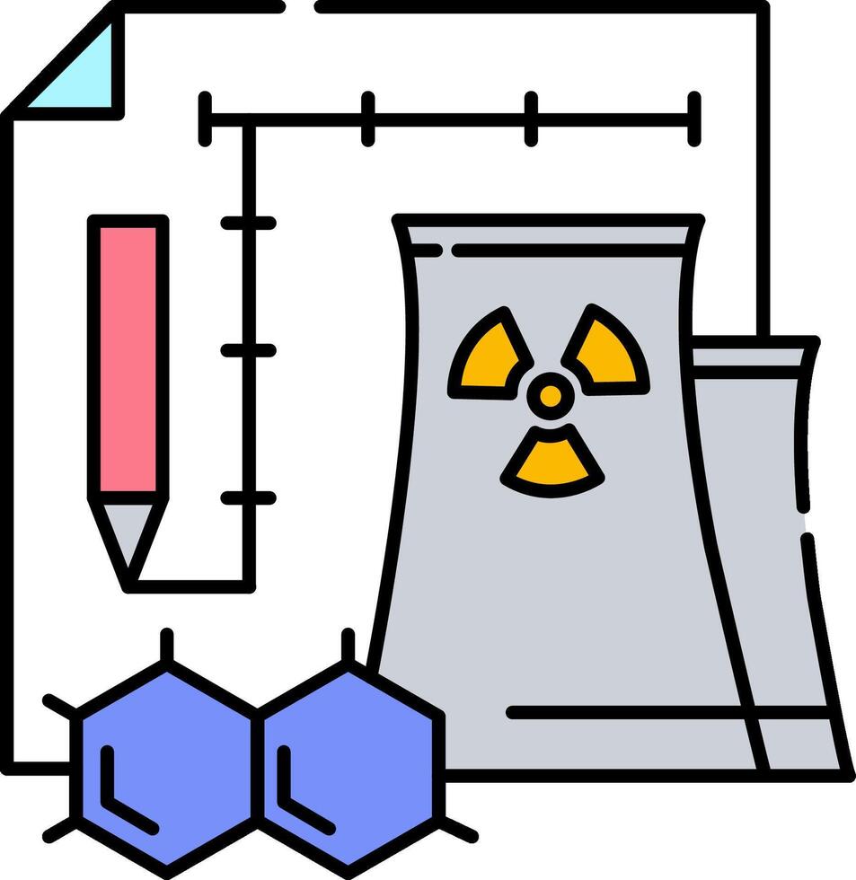 An illustration of a nuclear power plant and a pencil vector