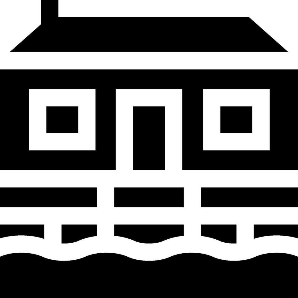 A black and white house icon with a boat on the water vector
